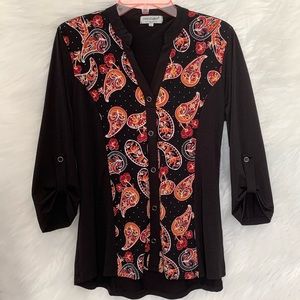 Once Again NYC Collection Slinky blouse Black with Paisley detail Small